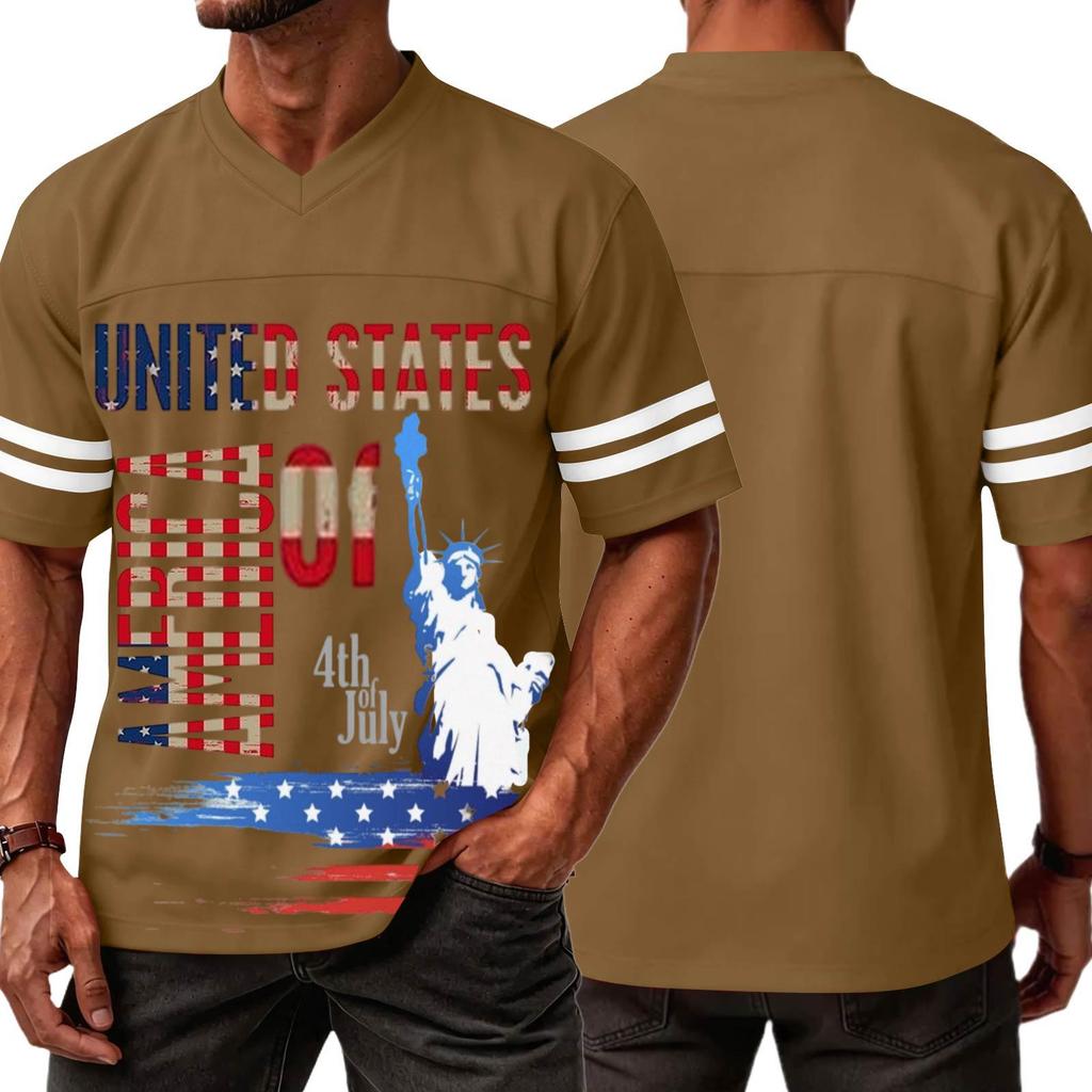 Men's Casual V Neck Short Sleeve Sports Shirt with Graphic Print Independent Day Themed Lightweight Athletic Tee for Outdoor and Everyday Wear