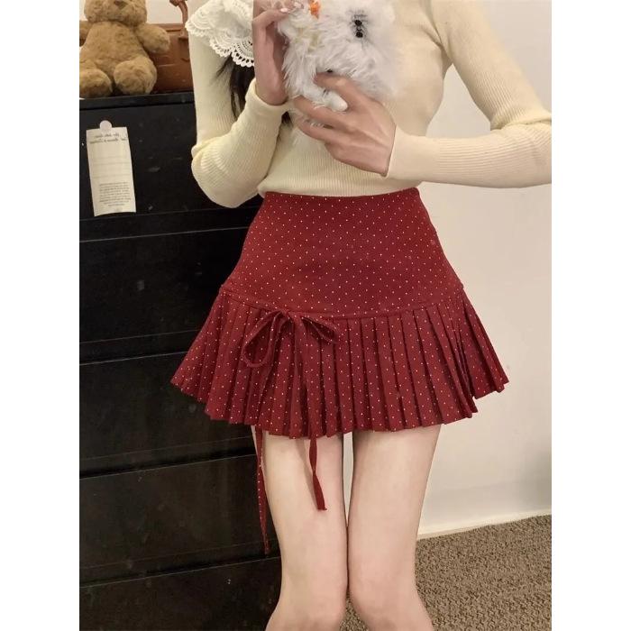 Polka Dot Bow Tie Pleated Mini Skirt with Lace-Up - A-Line, Anti-Exposure, Girlish Summer Design