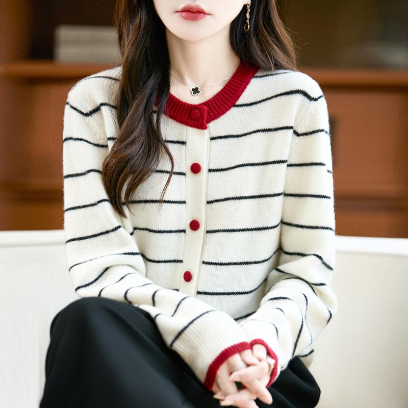 Women's Striped Color Block Pure Wool Thick Knit Cardigan Sweater