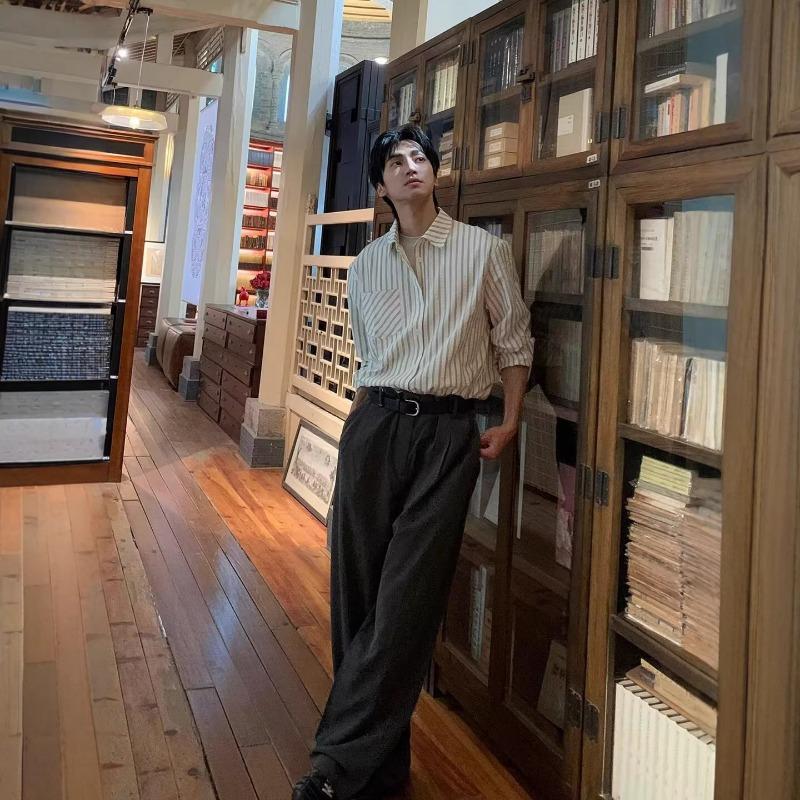 Spring and Autumn High-end Striped Seersucker Long-sleeved Shirt for Men Loose Casual Top