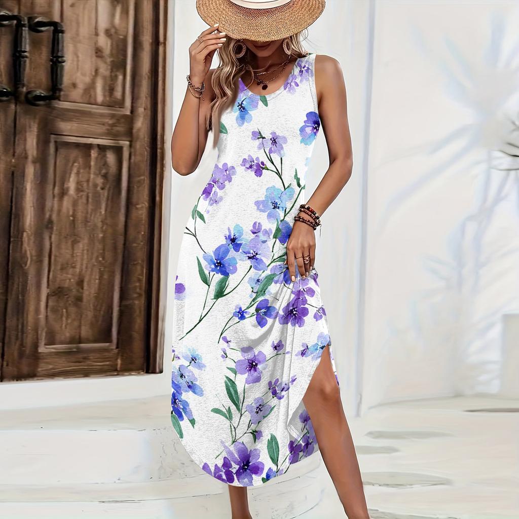 Women Sleeveless Floral Print Maxi Dress Casual Loose Fit Long Summer Dress Side Slit Bohemian Style Sundress for Daily Wear