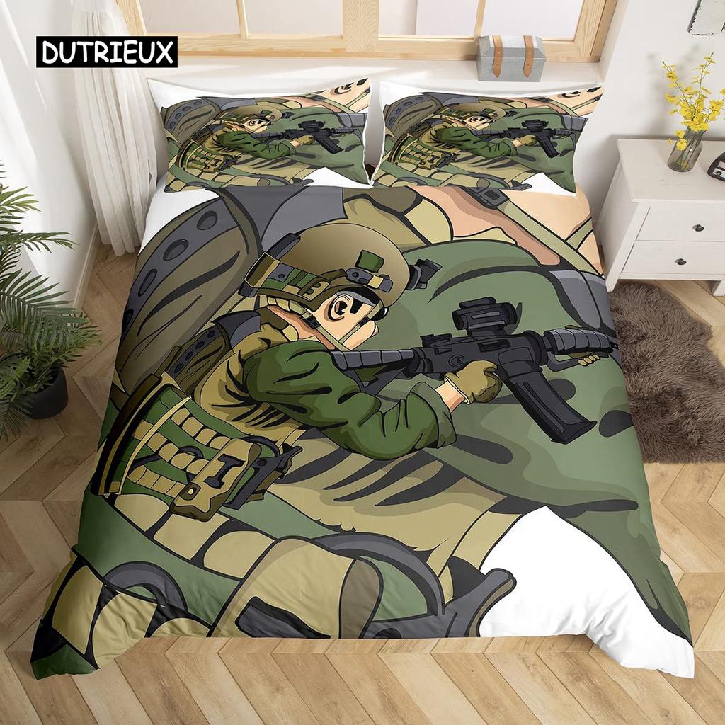 Soldier Duvet Cover Set King Size Soldier Helicopter Silhouette Bedding Set Microfiber 2/3pcs Green Black Military Quilt Cover