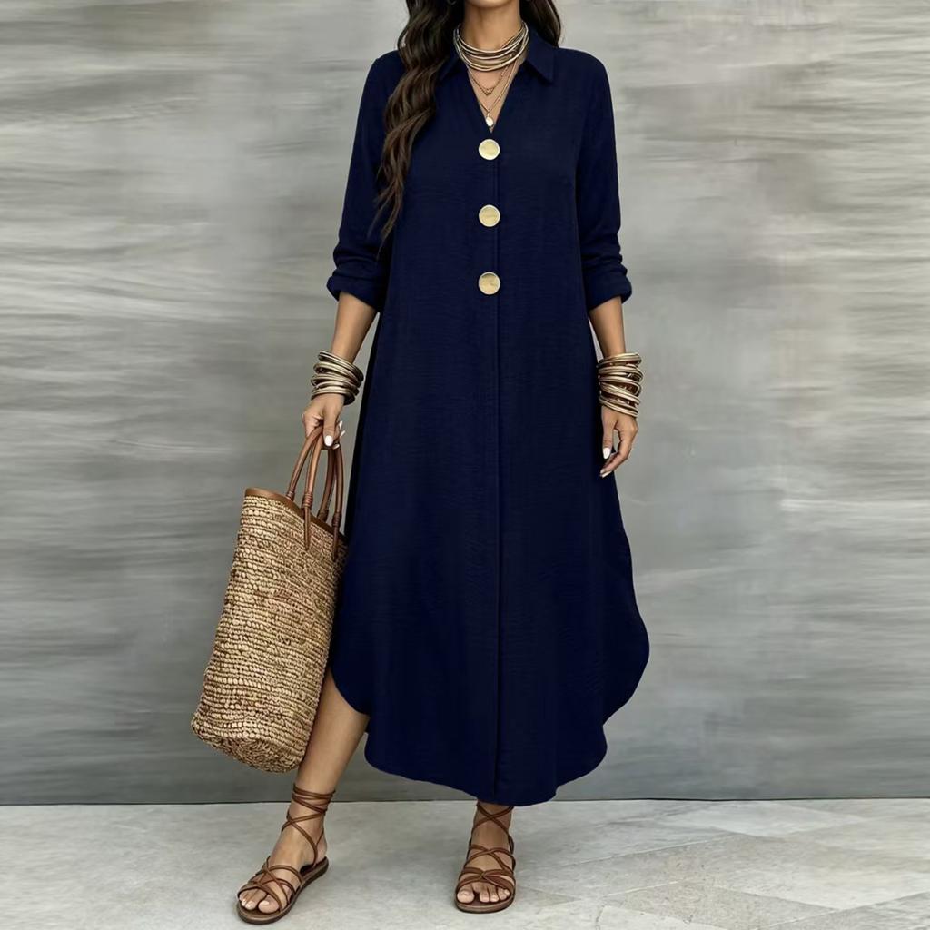 Women's Casual Color Long Sleeve Button Down Shirt Dress for Everyday Wear