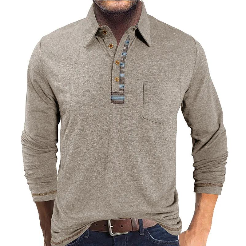 Spring Autumn Men's Business Casual Polos Long Sleeve Polo Shirt Patchwork Button-Down Collar Fashionable Bottom Pocket Tops
