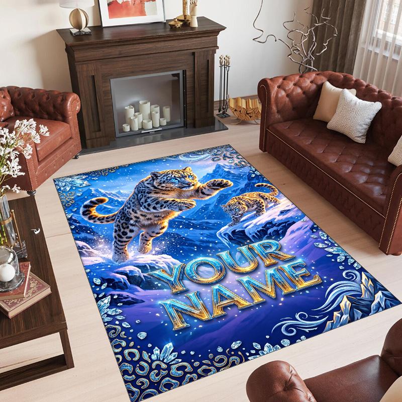 Leopard Theme Crystal Velvet Floor Rug Personalized Custom Name Text Warm Carpet Home Decoration