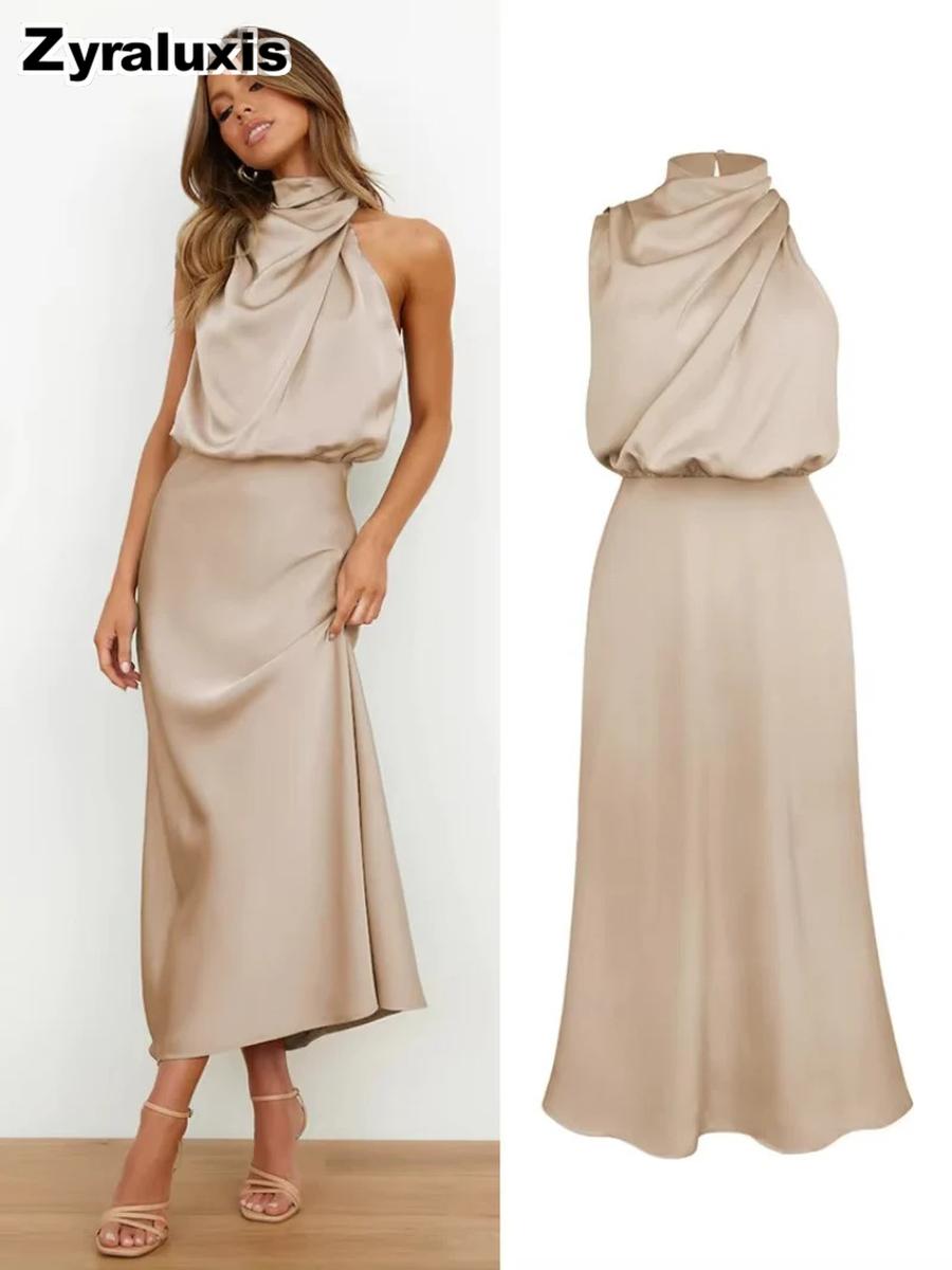 Luxury Satin Sleeveless Dress for Women - Elegant Evening Gown for  Spring/Summer Collection S