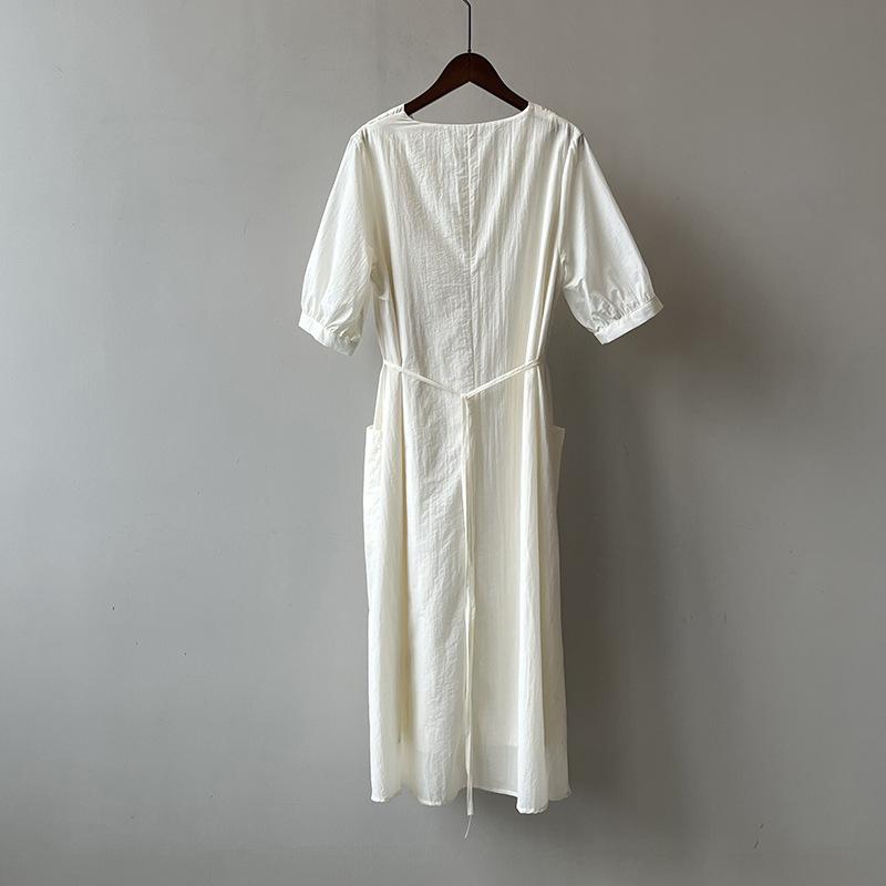 Vintage V-neck Pleated Dress Summer Women's Temperament Tie Waist Mid-length Dress