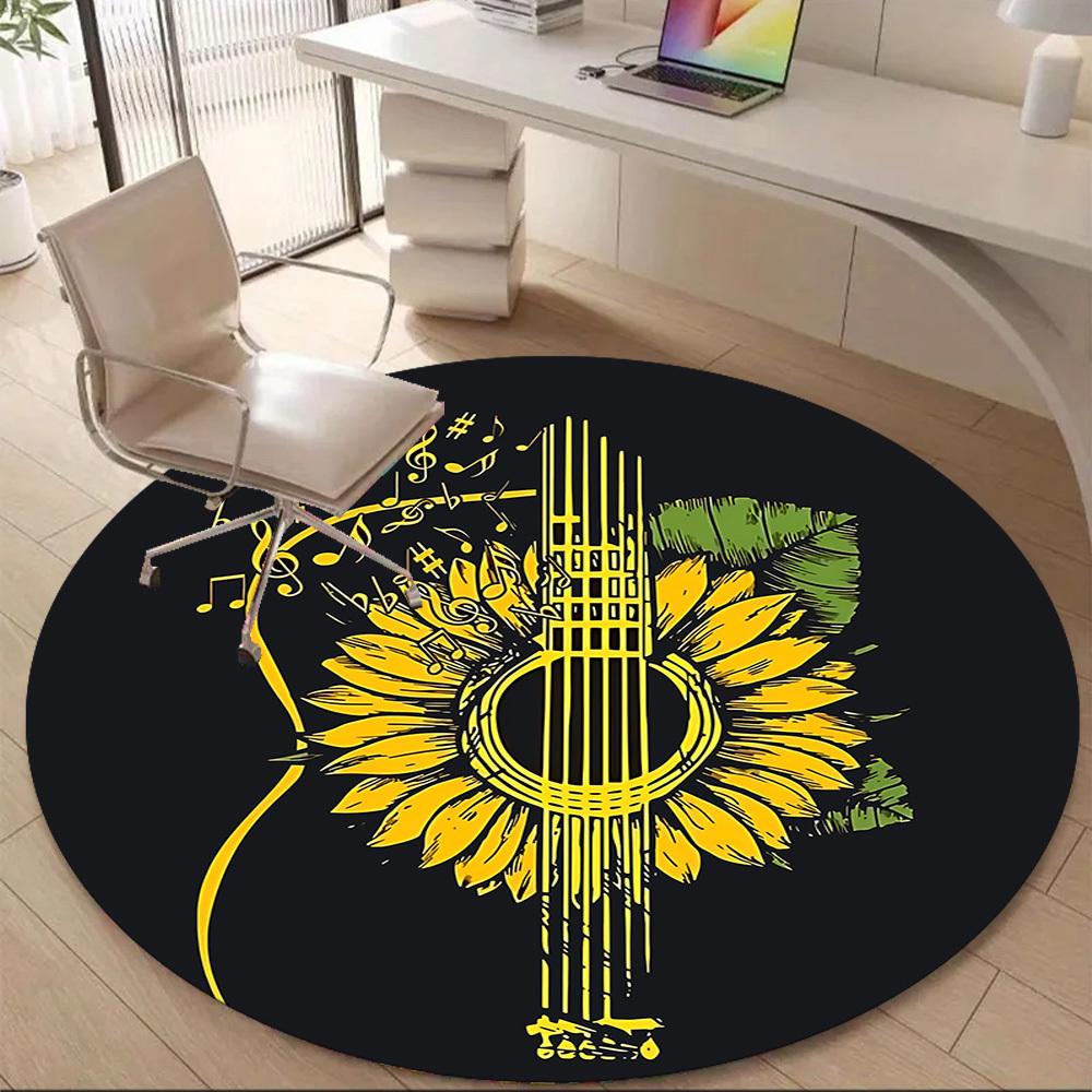 1pc Guitar Sunflower Office Round Area Rug, Indoor Mat Suitable ForOffice, Under Office Chairs Bedroom Living Room Home Decor, Room Deco T181