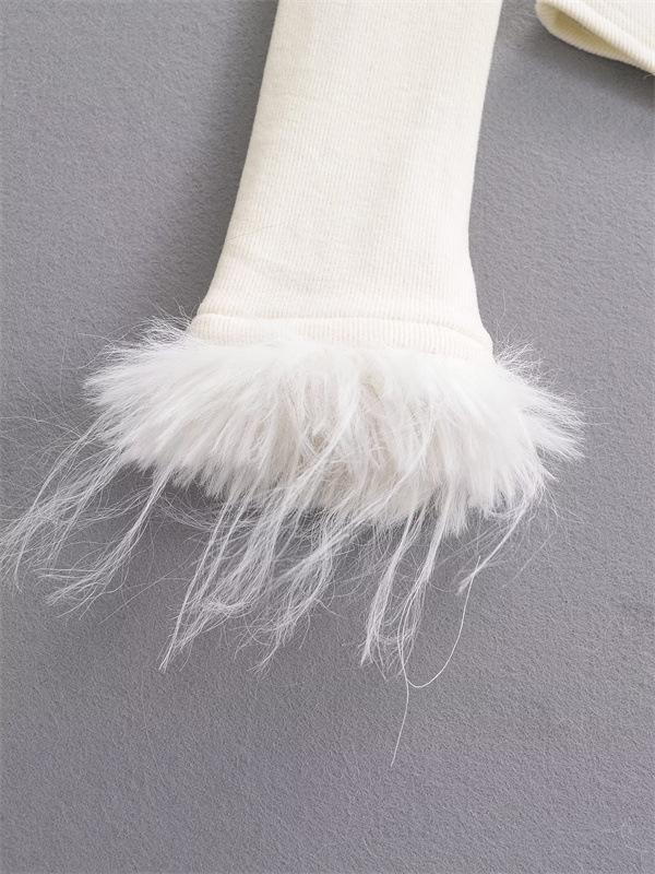 Chic Retro Off-Shoulder Fur Splice Long-Sleeve Top for Women