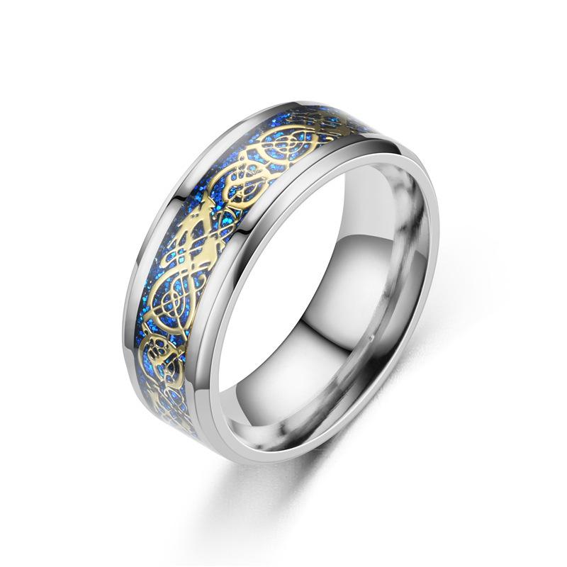 European & American Style Men's Titanium Stainless Steel Dragon Ring with Diamond Pattern