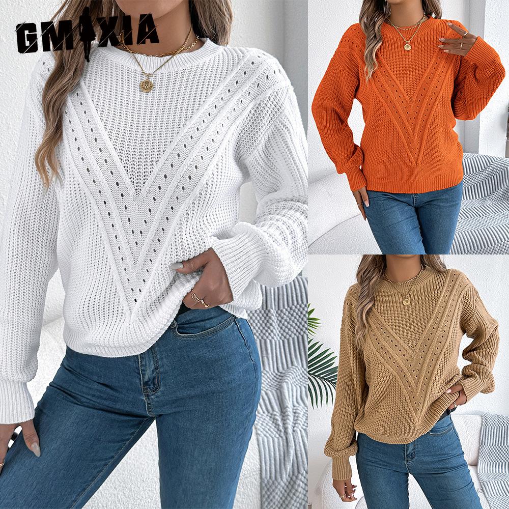 GMXIA Autumn and Winter Casual Solid Color V-shaped Hollowed-out Lantern Sleeve Pullover Sweater Women's Wear