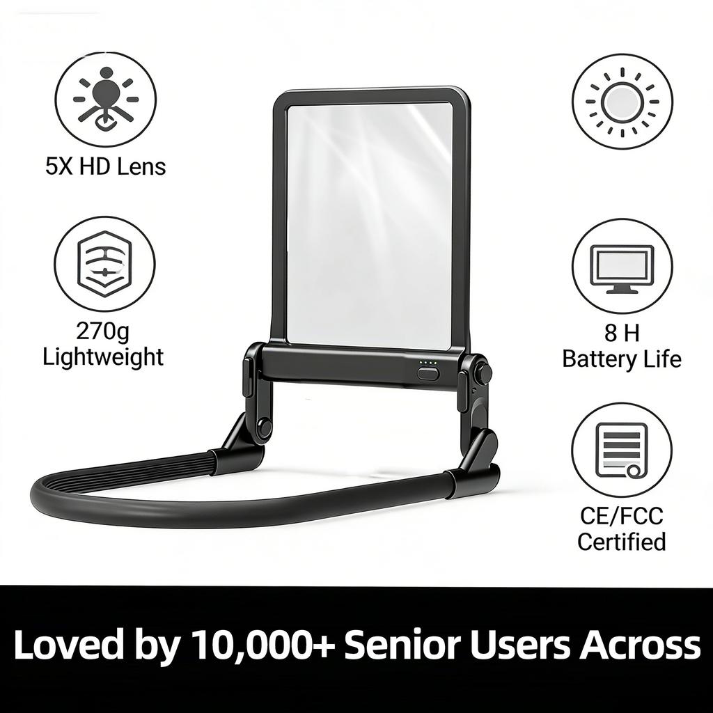 Rechargeable Foldable Neck Magnifier with LED Light, Hands Free Magnifying Glass for Close Work, Crafting, Repair, Low Vision