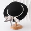 Vintage Black Felt Bowler Hat Women Elegant Church Hat French Style Round Top Wide Brim Bucket Hat with Pearl Band