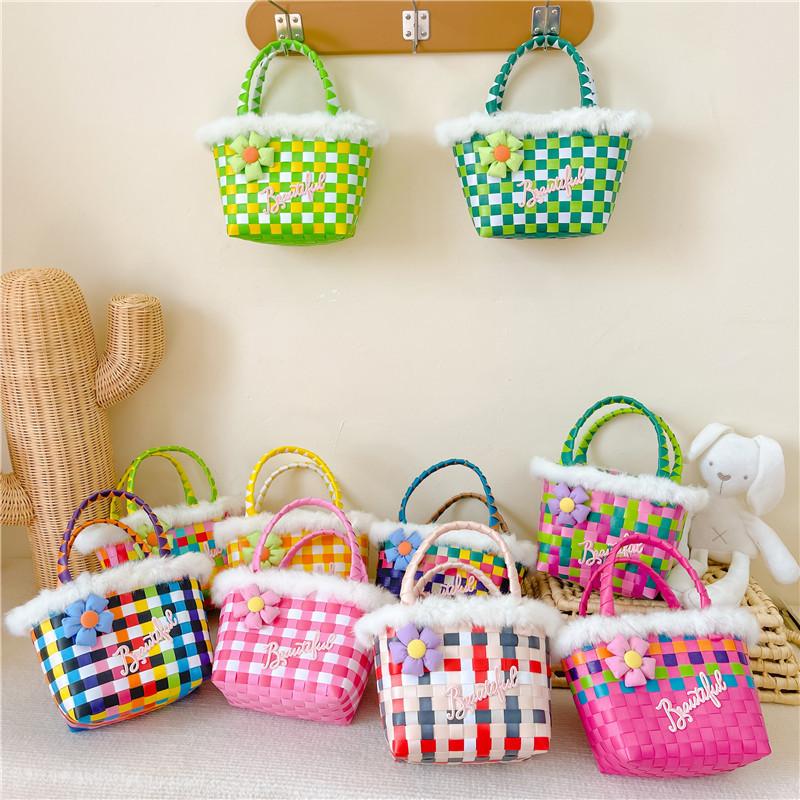 Stylish Children's Woven Handbag Colorful Crochet Tote Bag For Girls With Floral Design