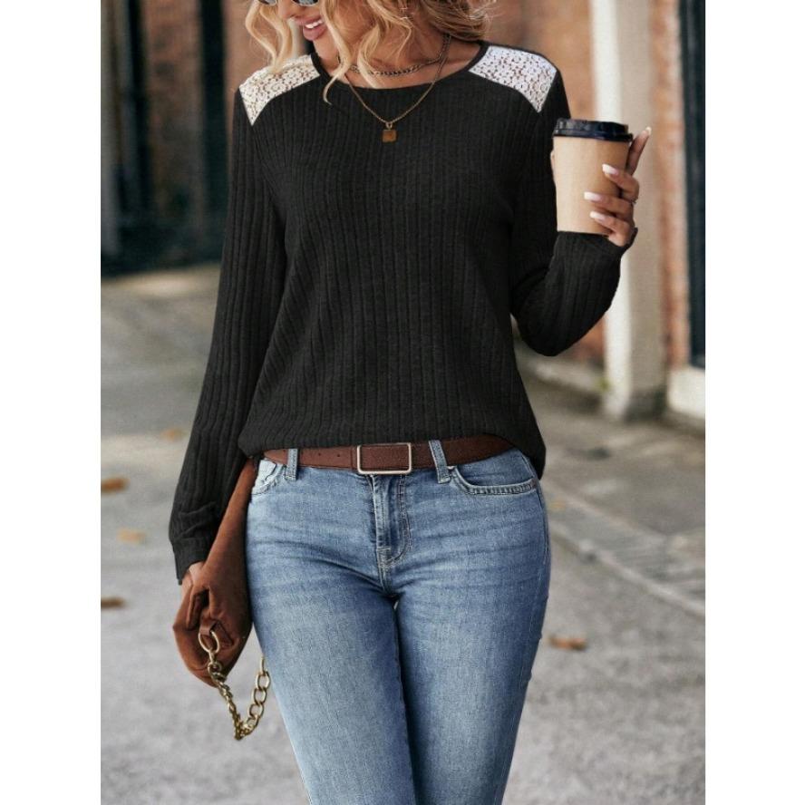YYFS Women's Fashion Casual Spring Autumn Solid Color Print Long Sleeve O-Neck Blouses & Shirts
