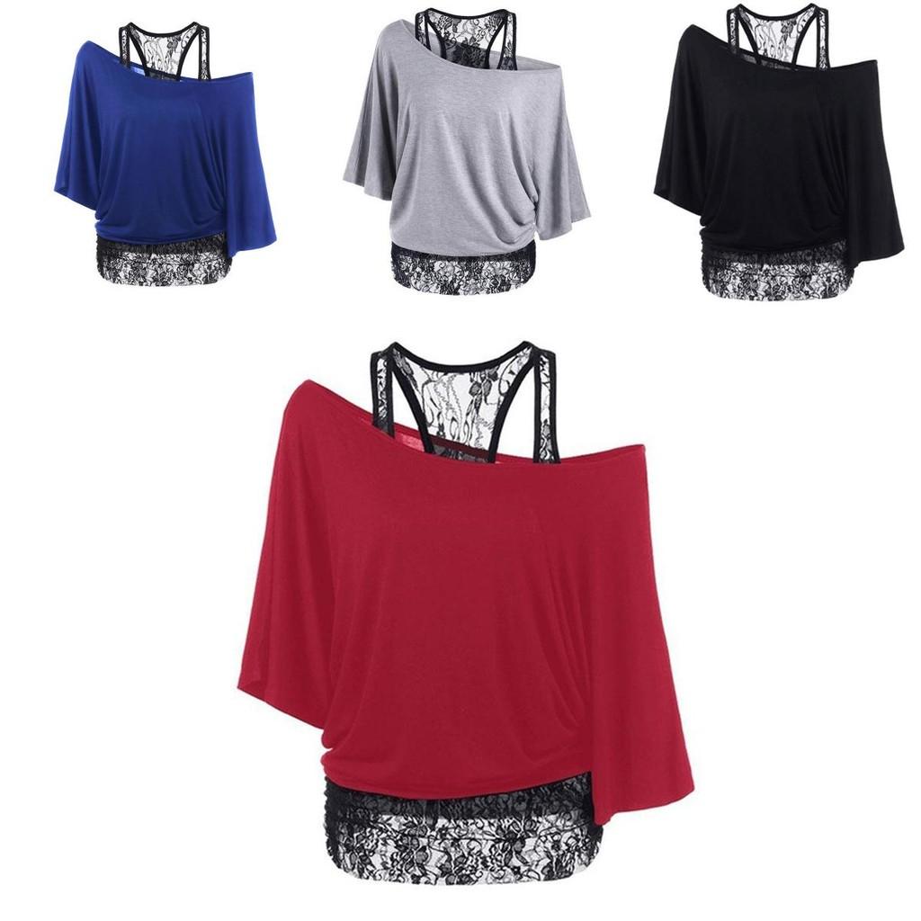 Plus Size Women Loose Vest Lace Stitching Oblique Collar Bat Tshirt Fashion