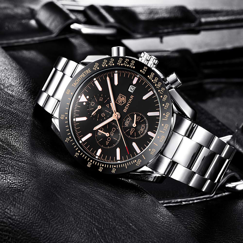 BENYAR Men's Quartz Chronograph Diver's Watch, Stainless Steel Bracelet, 3 ATM Water Resistance, Tachymeter