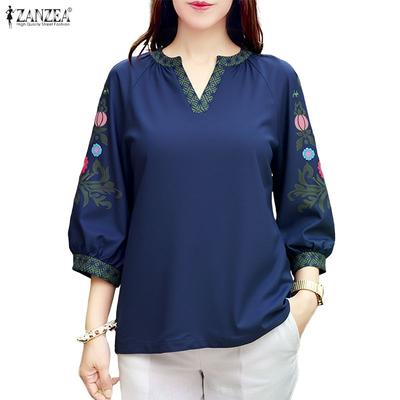 Women Casual V-Neck Retro Print Splice 3/4 Sleeve Loose Blouse