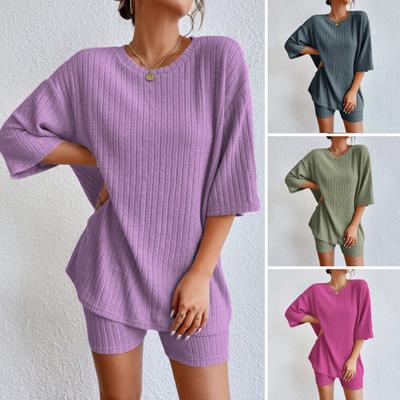 2 Teile/satz Frauen T-shirt Shorts Set Rundhals Halbe Hülse Lose Top Slim Fit Stretchy