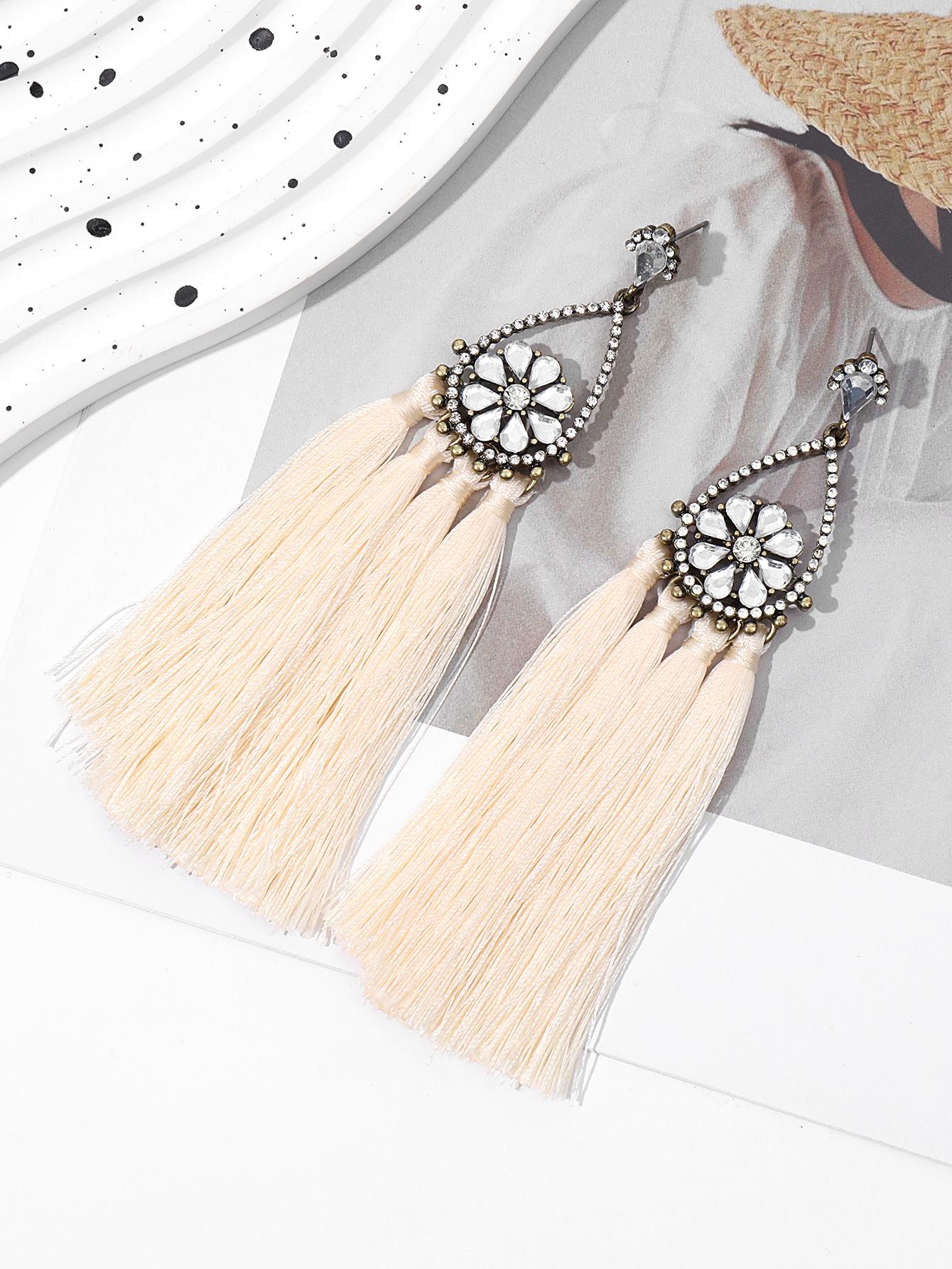 

Серьги-кисточки с кристаллами и цветами в европейском и американском стиле, инкрустированные драгоценными камнями грязно-белый