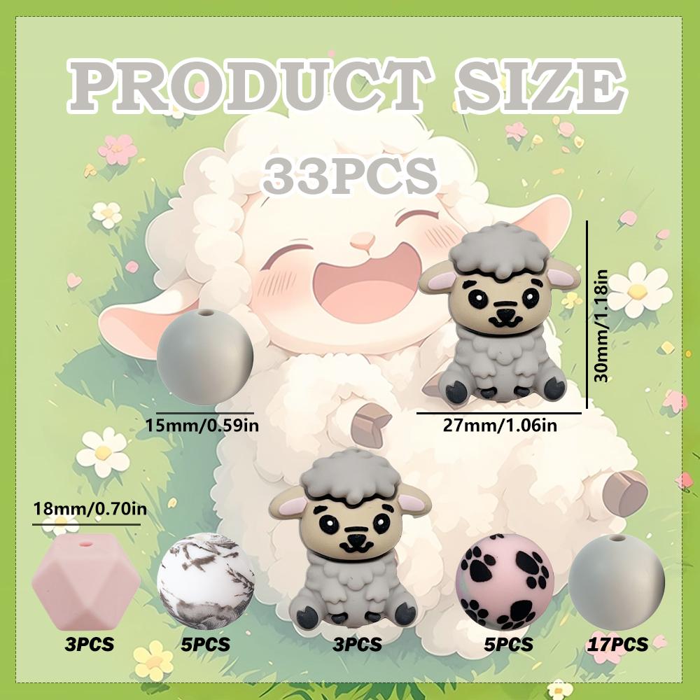 

33PCS Cute Grey Sheep Silicone Bead Set, perfect for DIY handmade crafts such as keychains, necklaces, bracelets, etc