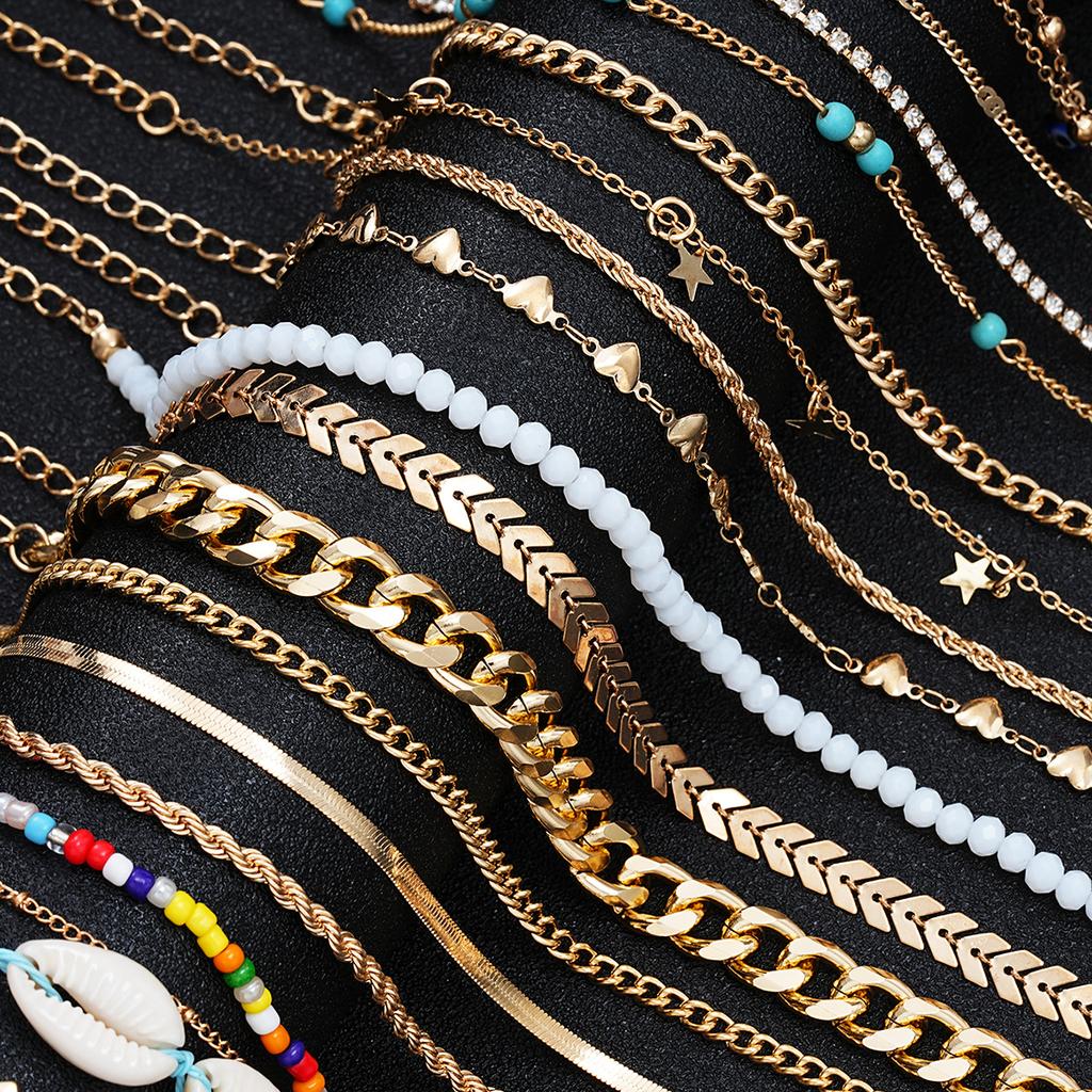 Fashion Chic Multi-Design Anklet Set For Women Elegant Vintage Evil Eye Cross Heart Charm Colorful Bead Anklets Beach Jewelry