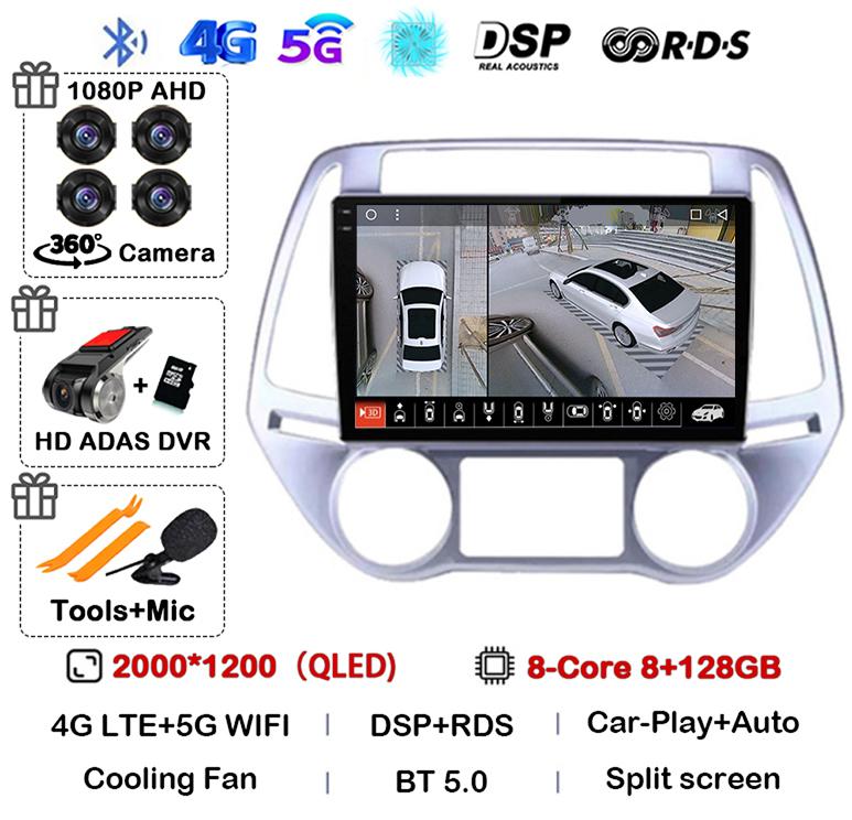 Android 14 Carplay Auto WIFI+4G Car Radio For Hyundai I20 2008 - 2014 Stereo GPS Multimedia Video Player 2 Din DVD 360 Camera BT