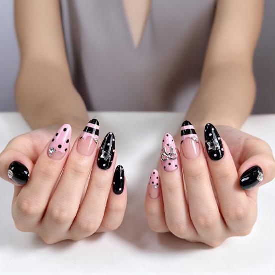 1 Set Almond Press on Nails Star Striped Dot Bow Rhinestone French Tip Stick-on Fake Nails Salon Quality 3D Charm Women Glue on False Nails