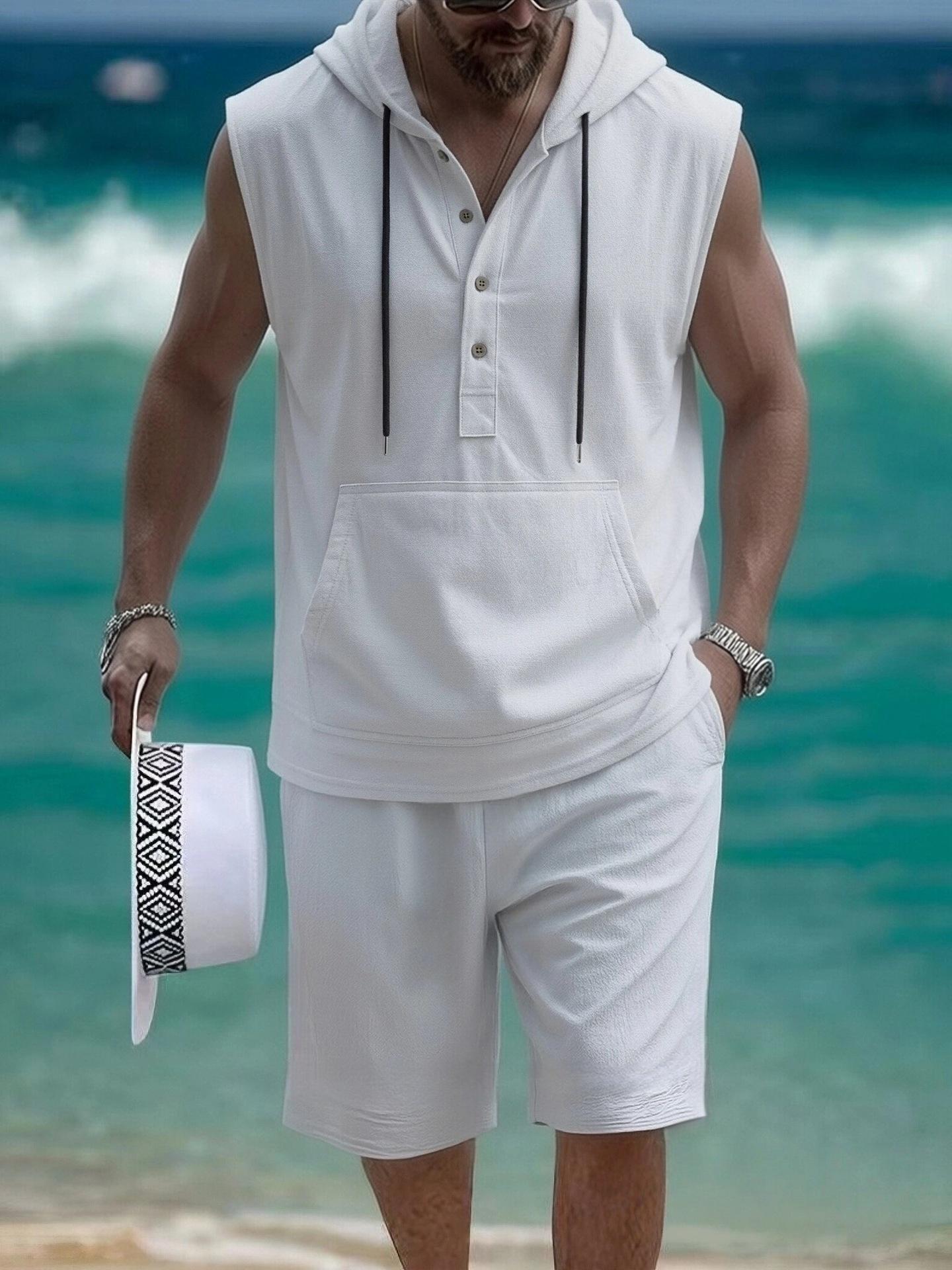 Mens Casual Loose Hooded Sleeveless Vest And Shorts Set S