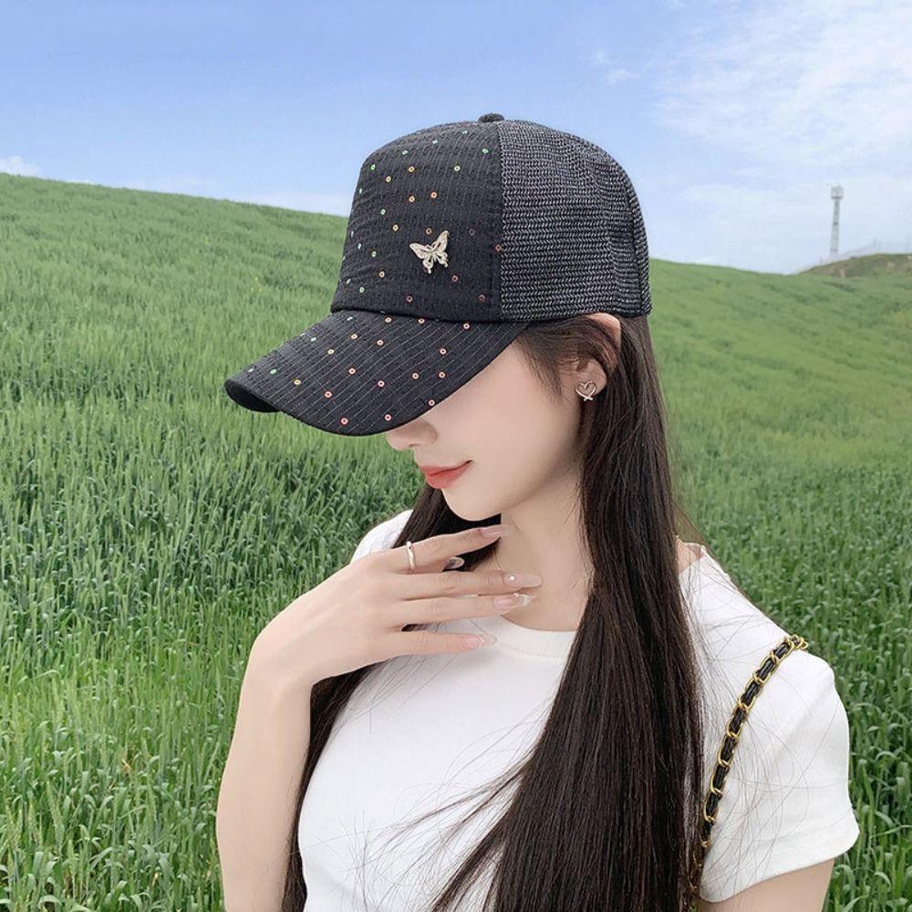 Sequin Sport Peaked Hat Butterfly Summer Sun Hat Casual Mesh Baseball Hat  Travel Beach