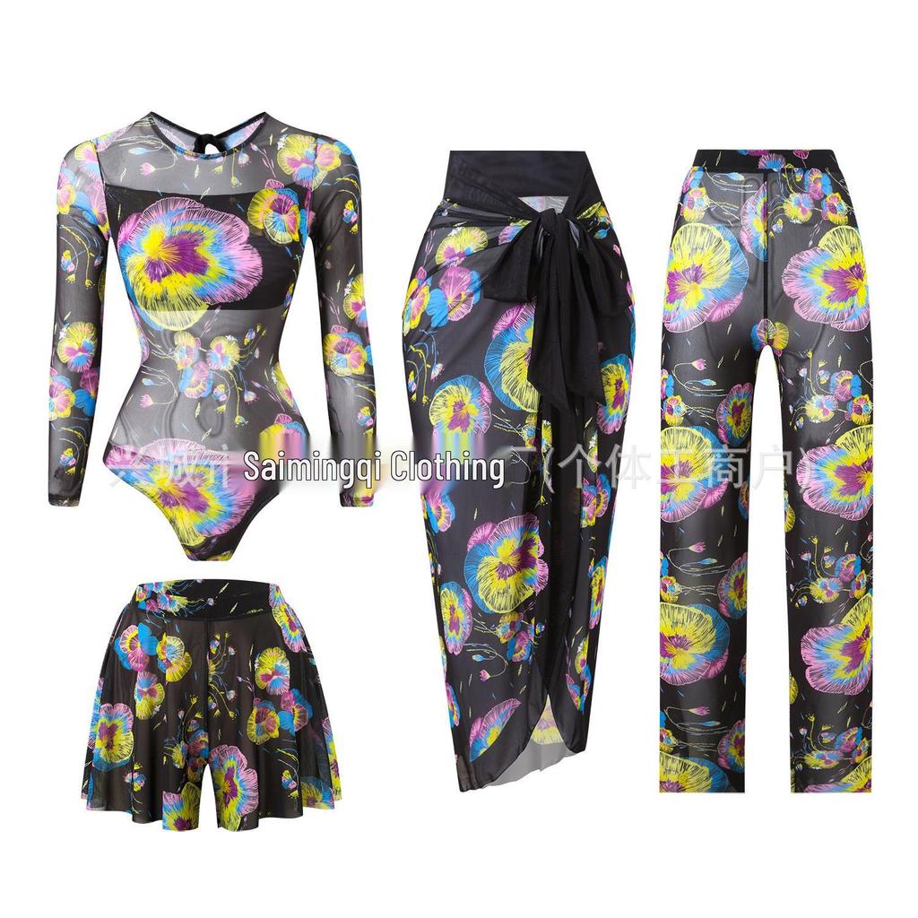 Women's Four-Piece Sun Protection Swimsuit Set with Long-Sleeved Top and Mesh Pants