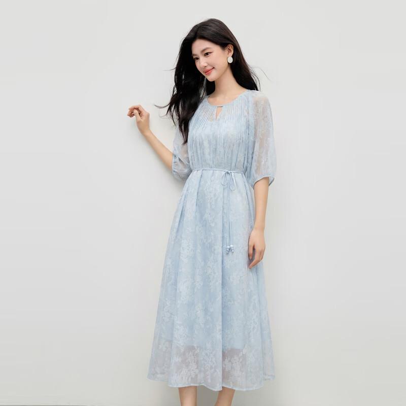 Autumn Water Beauty Elegant Jacquard Midi Dress with Puff Sleeves S