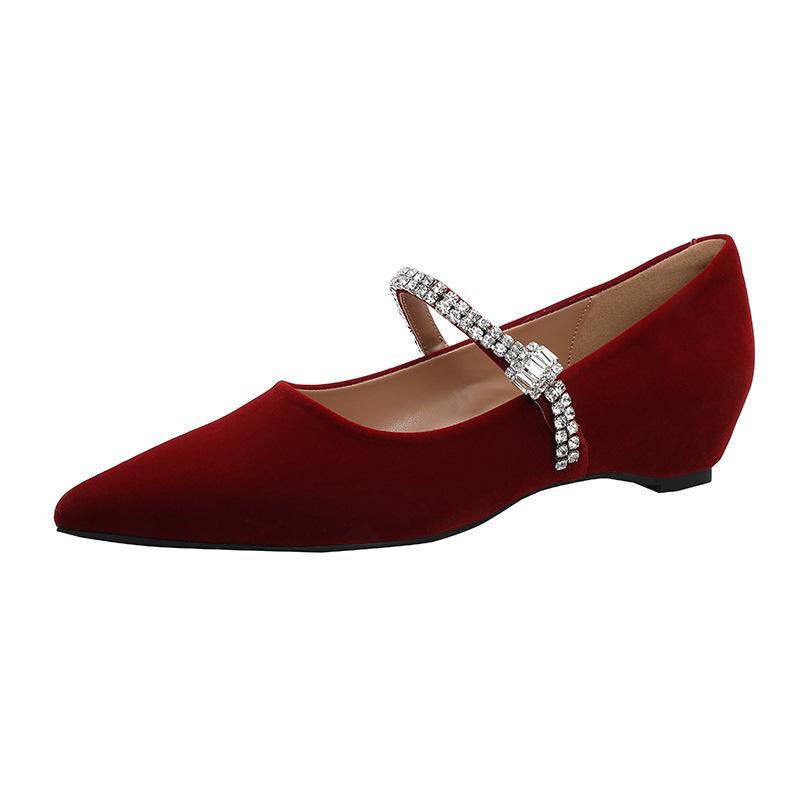 French rhinestone word with Mary Jane shoes women's 2025 new suede pointed head shallow mouth flat shoes inner height increase shoes