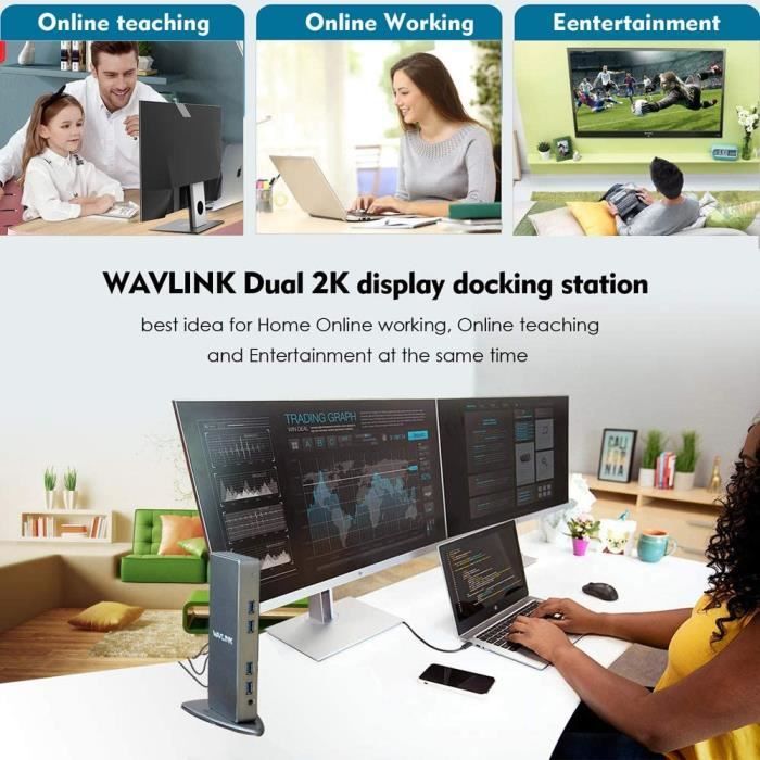 Station d'accueil - WAVLINK - USB 3.0/USB-C - 6 ports USB 3.0 - Sorties DVI/VGA/HDMI - Ethernet Gigabit