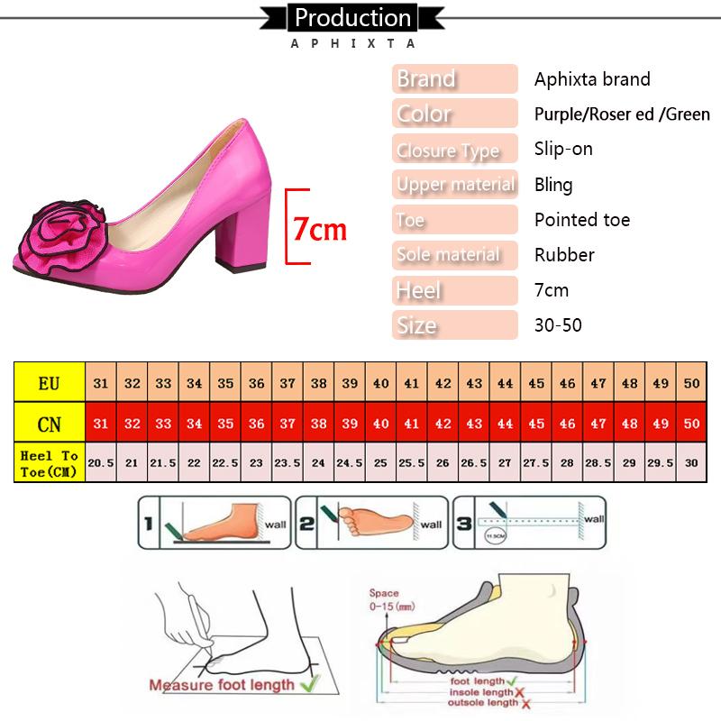 Fashion Aphixta Fashion Hot Sale Big Rose Flowers 7cm Chunky Heels Pumps Women Shoes Pointed Toe Appliques Pumps Super Big Size 35-53