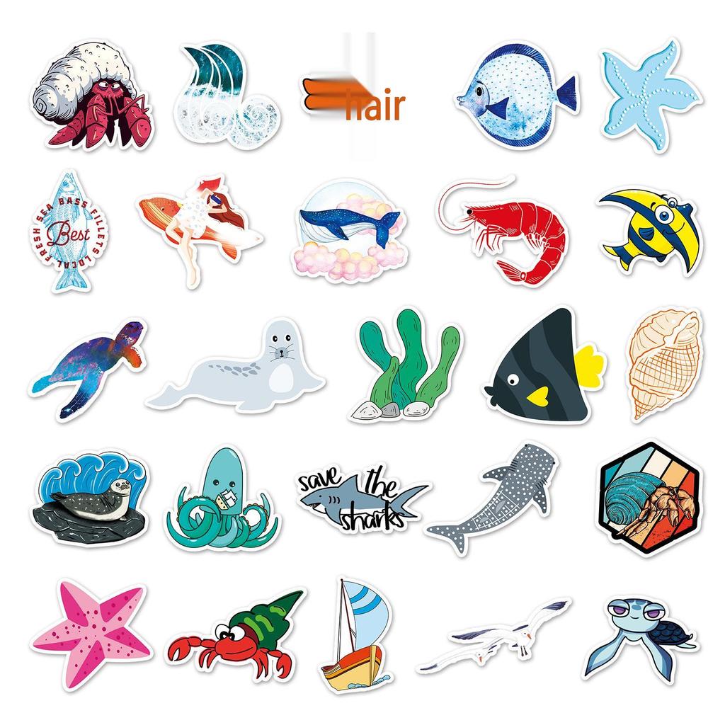 50 Cartoon Marine Life Stickers - Waterproof, Decorative for Suitcases, Notebooks, Scooters & Cars