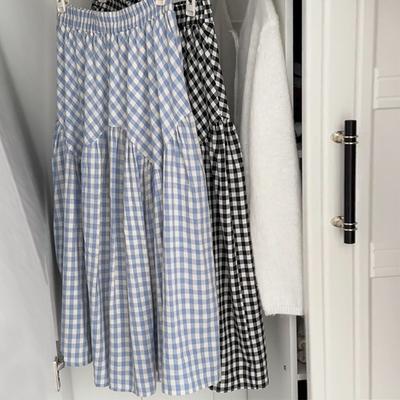 Dopamine Blue Checked Skirt for Women In Spring and Summer New Mid-length Large Sway A-line Slim Umbrella Skirt