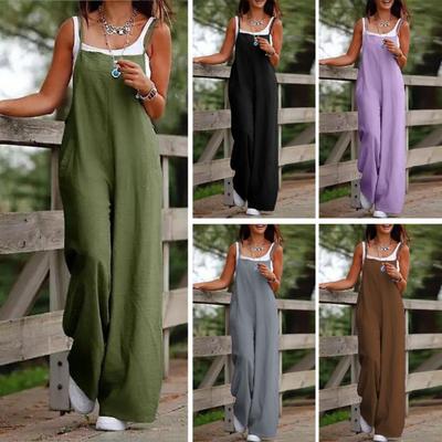 Damen-Jumpsuit, kragenlos, Spaghettiträger, rückenfrei, ärmellos, locker, weites Bein, volle Länge, Overall, lässiges Alltagsoutfit