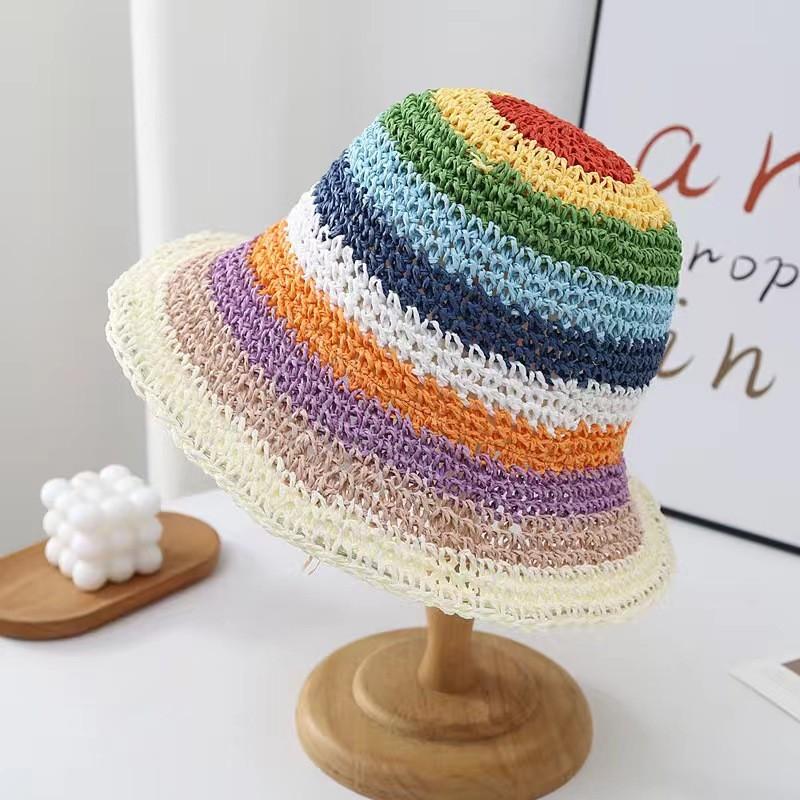 Cappello di Paglia Estivo Coreano con Arcobaleno Fatto a Mano a Falda Larga Protezione Solare per Vacanza al Mare