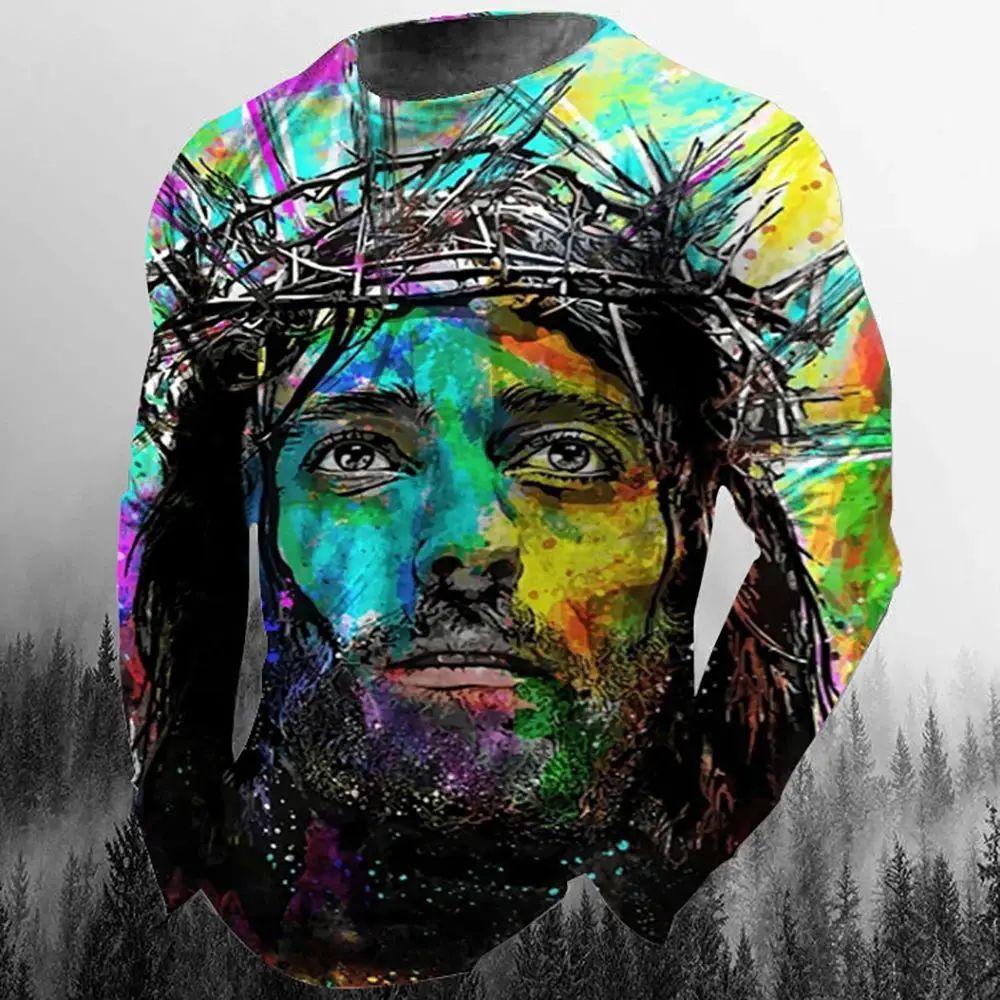 Camiseta de manga larga informal de moda para hombre con estampado 3D retro de Jesucristo, personalidad callejera, cuello redondo holgado, estilo Harajuku, top de gran tamaño