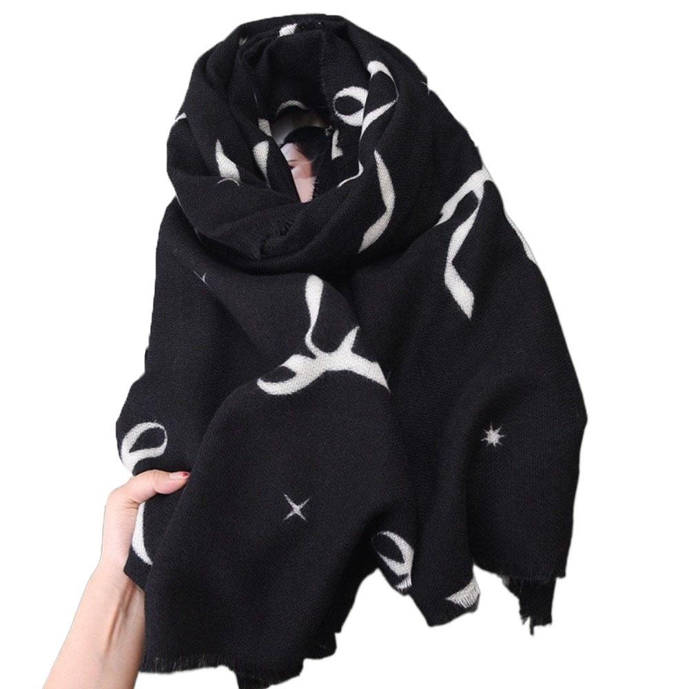 Printed Bow Wool Scarf Thicken Women Cashmere Shawl Temperament Winter Cashmere Scarves Female