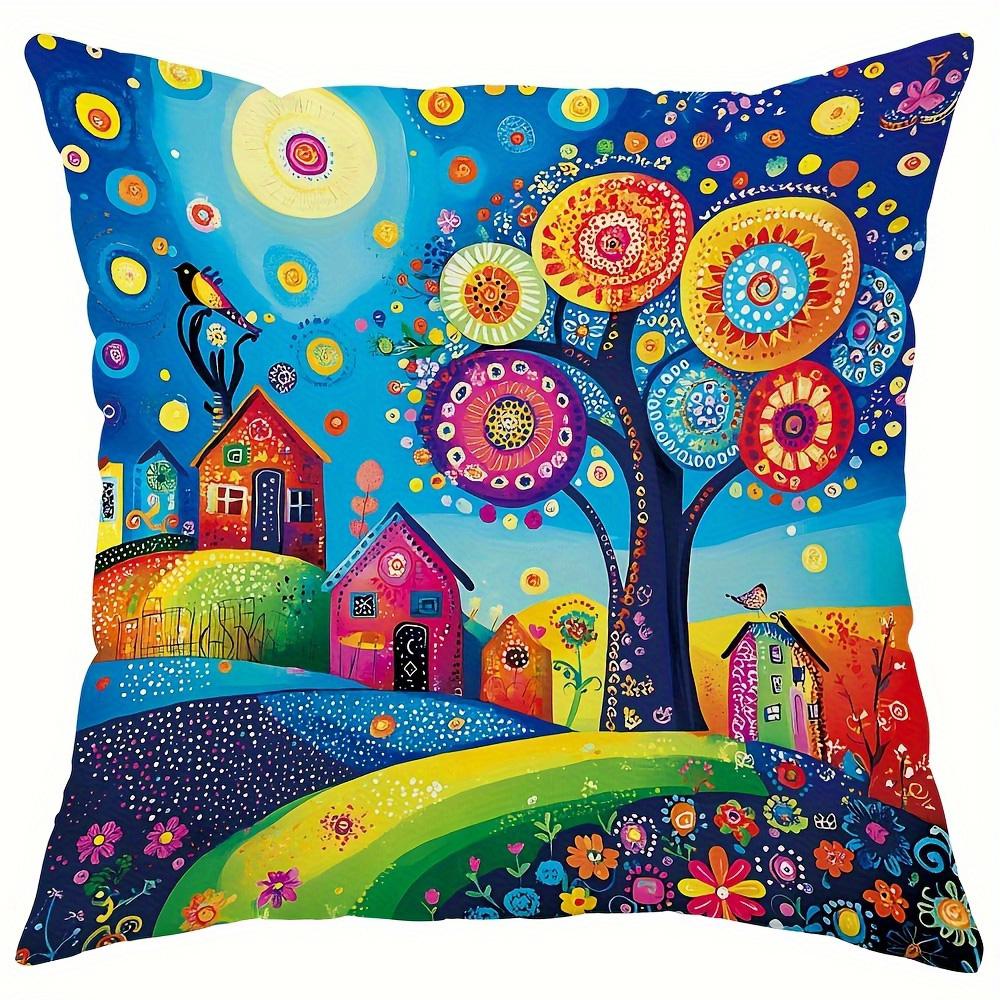 Home Decor Colorful Village And Tree Pattern Pillow Covers Pattern Cushion Cover Suitable For Sofa Bedroom Car Pillow Cover