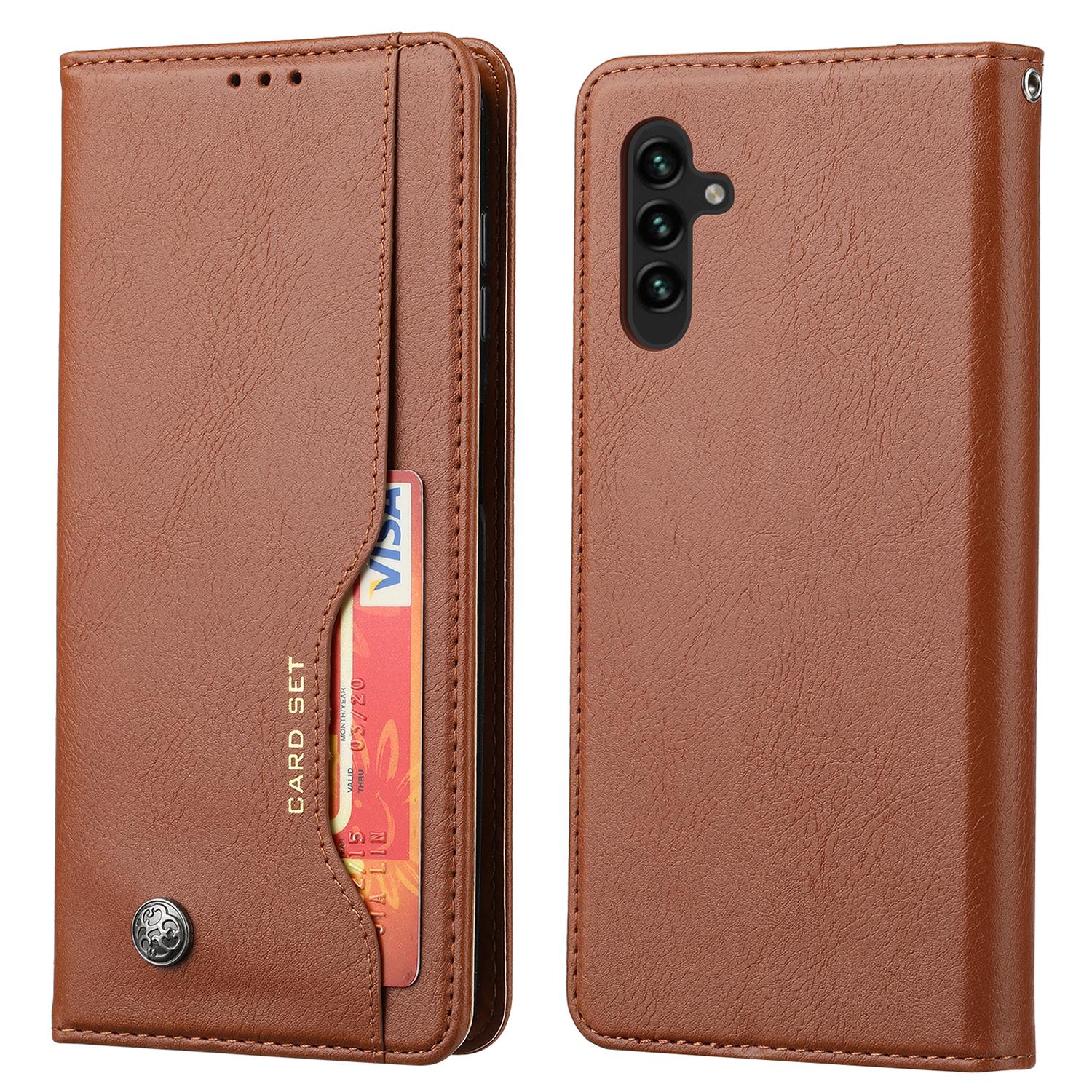 

For Samsung Galaxy A14 5G/4G Outer Card Slot PU Leather Case Magnetic Auto-absorbed Wallet Stand Phone Cover Brown