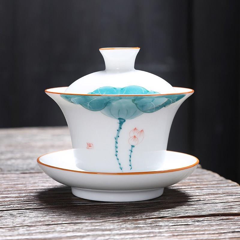175ml Ceramic Sancai Gaiwan Hand-painted Lotus Tea Bowl