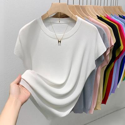 Short-sleeved T-shirt Women's New Ice Silk Knitted Sweater Summer Thin Shoulder Sleeves Loose and Thin Crew Neck Bottoming Shirt Top