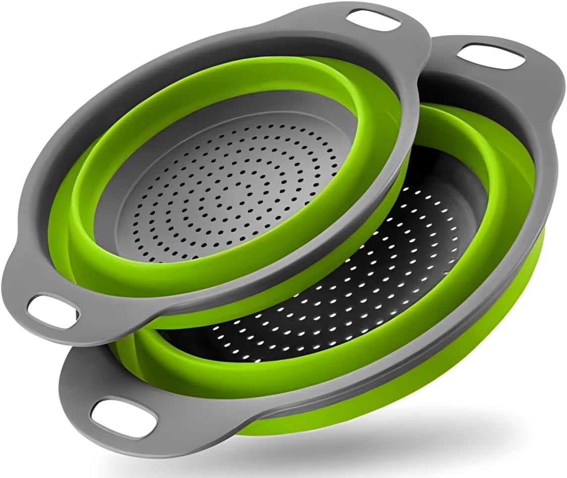 

Collapsible Colander Set of 2 Silicone Kitchen Strainer Set, Perfect for Draining Pasta, Vegetable and fruit for Kitchen and Travel Use (green) синій