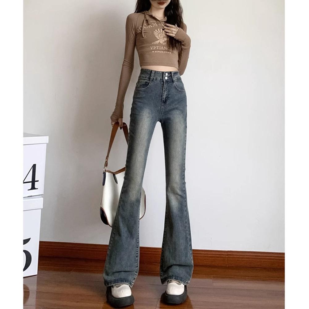 Harajuku Simple High-waisted Micro-pull Jeans Women's Spring and Autumn New Double-buckle Micro-horn Jeans