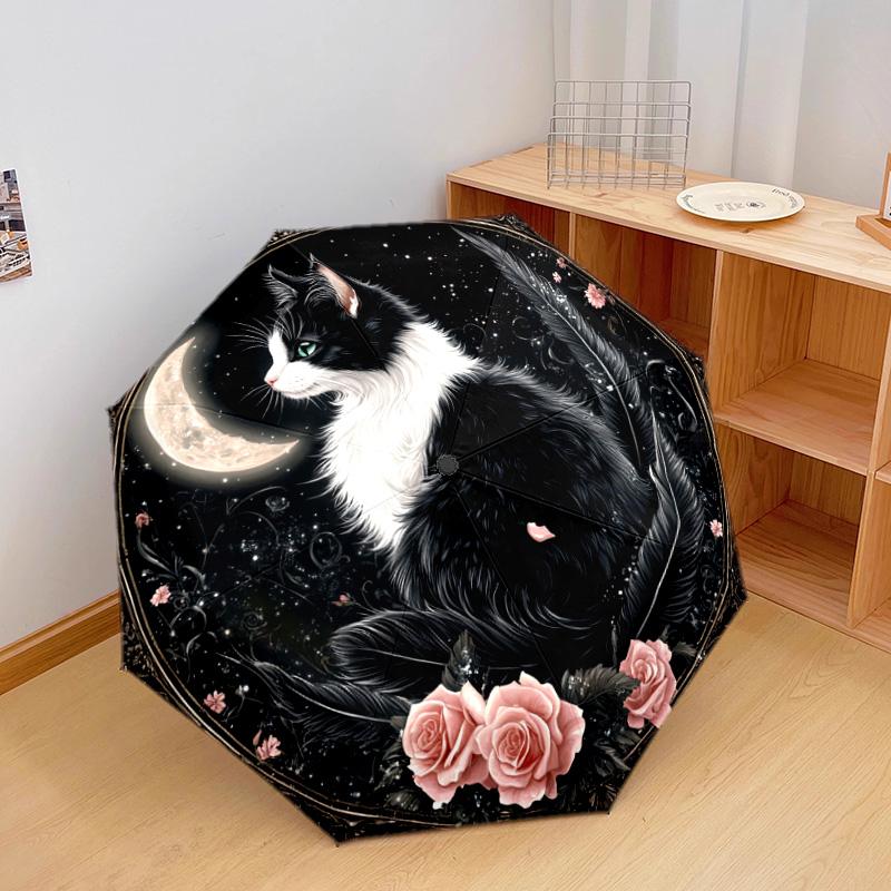 1 PC Automatic Folding Umbrella - Black and White Cat with Moon Pattern, Portable & Foldable Design with 8 Ribs, Christmas Birthday Gifts