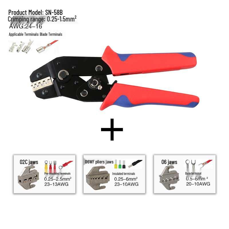 SN-58B Crimping Pliers Set for Pre-Insulated and Bare Terminals with Jaws 2546B/06WF/03H/06/02C