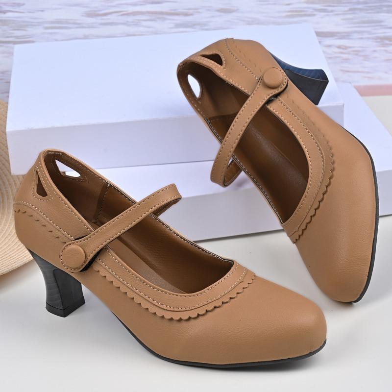

High-heeled, Low-top Single Shoes for Women, Large-sized, Thick-heeled, Round-toed, Cutout Shoes 43